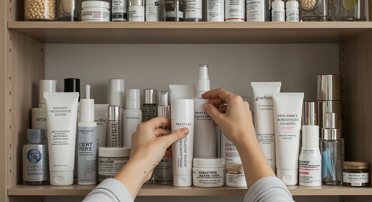 Estante de belleza minimalista con productos multiusos, simbolizando un consumo consciente y organizado.