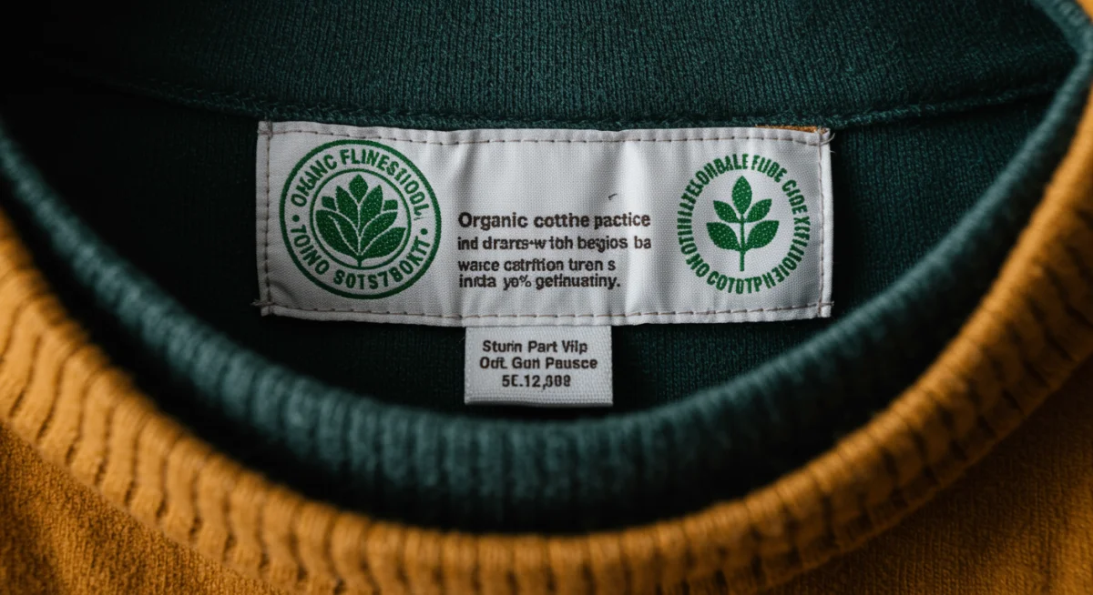Detalle de una etiqueta de ropa con el logo de una certificación de sostenibilidad reconocida.