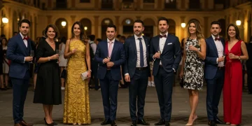 Grupo de personas con vestimenta elegante en un evento social en España, mostrando diferentes códigos de vestimenta.