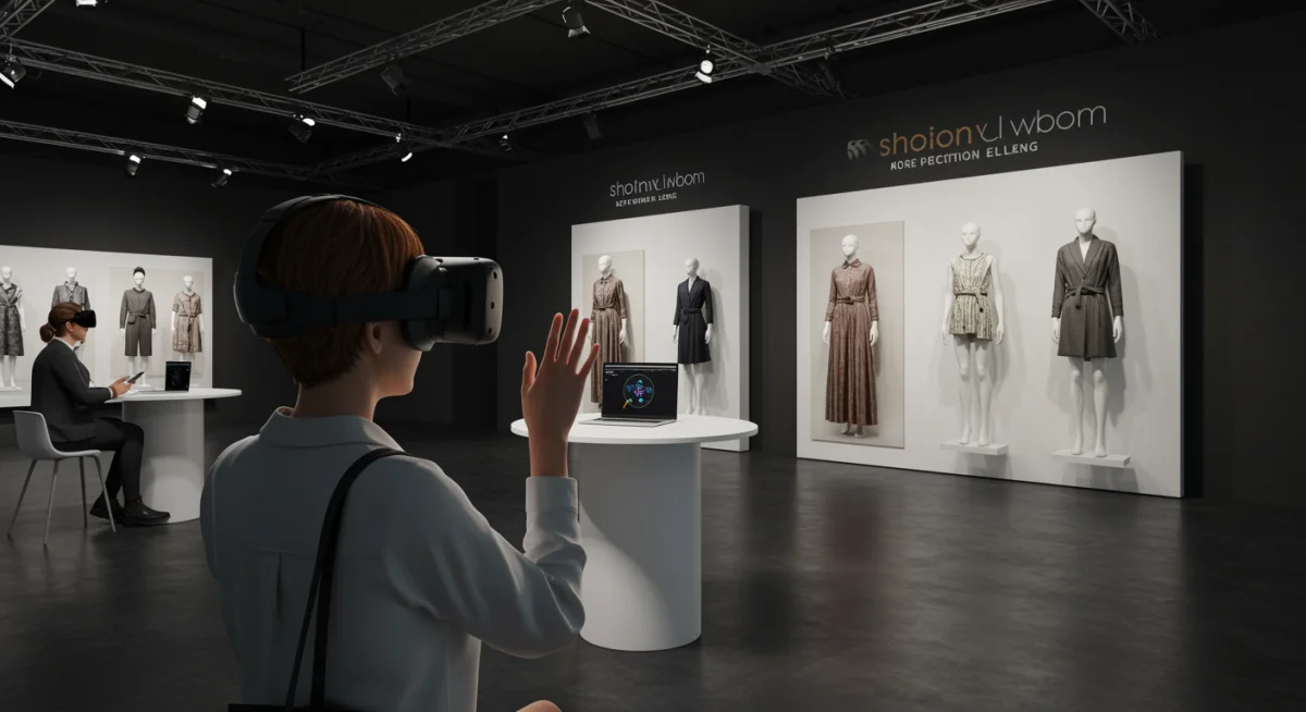 Asistente explorando una colección de moda virtual con gafas de realidad virtual, experimentando una compra inmersiva.