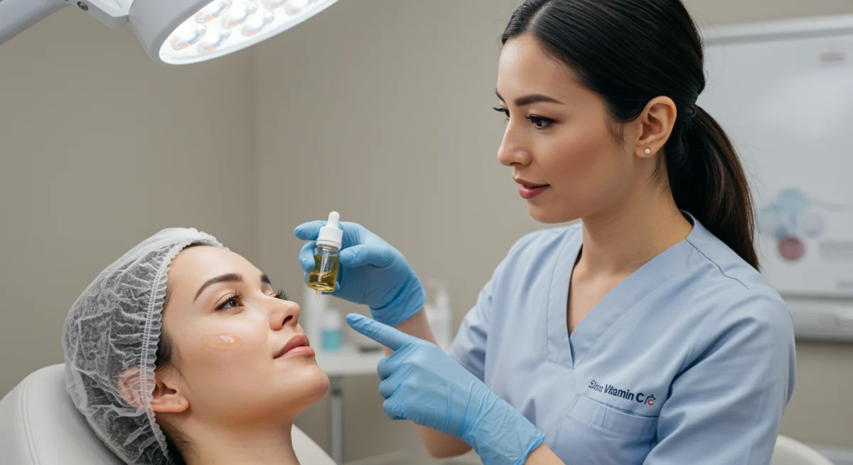 Experta en dermatología explicando los beneficios de la vitamina C en la piel de un paciente.