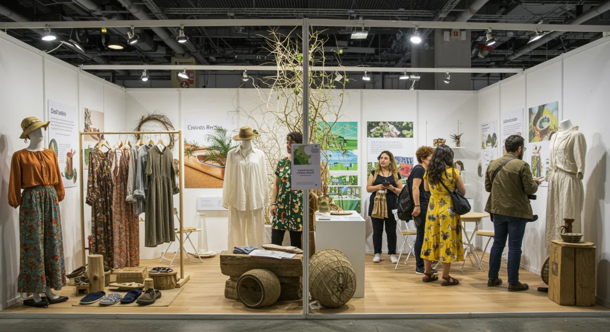 Exposición de moda sostenible en España, mostrando prendas ecológicas y materiales naturales, con asistentes interactuando.