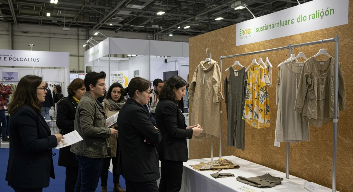 Exposición de moda sostenible en un evento español, destacando materiales ecológicos y producción ética.