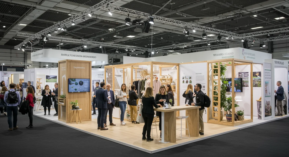 Feria de moda sostenible en España, con innovaciones textiles y tecnología digital para la transparencia.