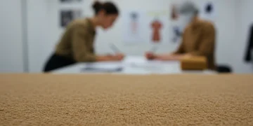 Fibras sostenibles: 3 materiales para la moda española en 18 meses Tejido innovador de fibras sostenibles en manos de un diseñador de moda, simbolizando el futuro de la moda española.