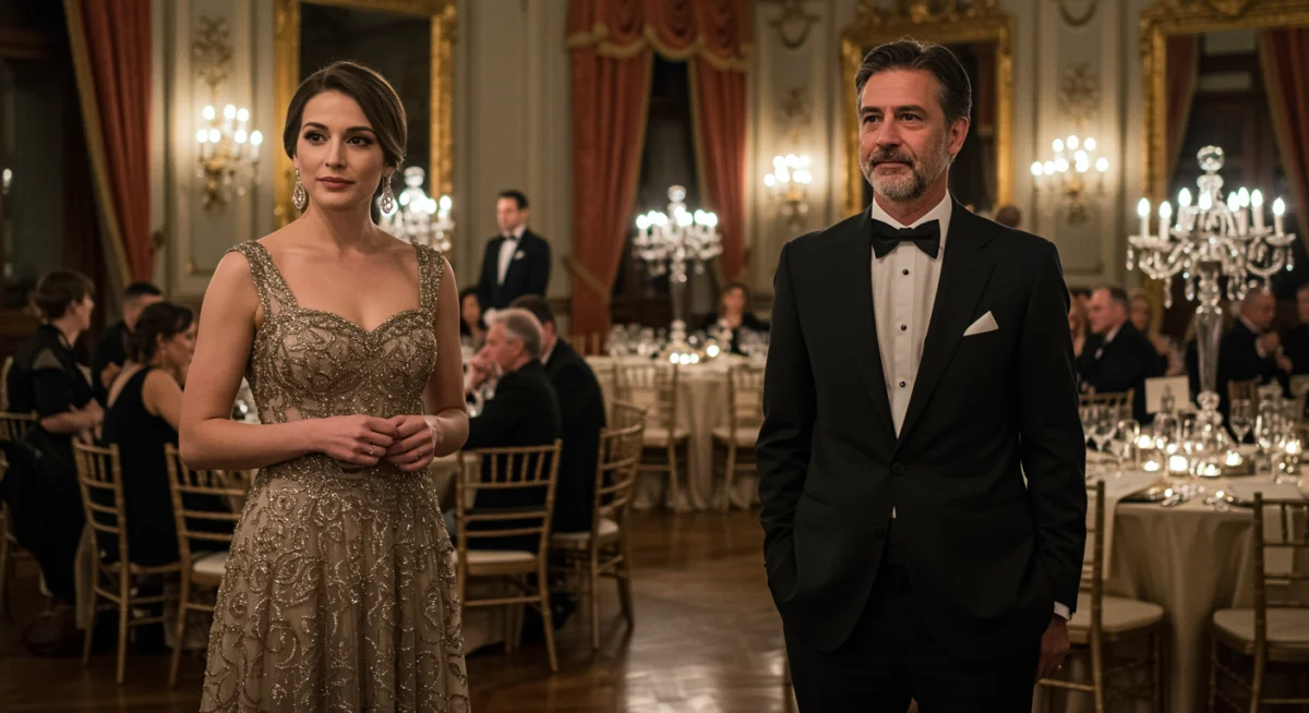 Mujer con vestido de gala y hombre con esmoquin en una gala formal en un palacio español.