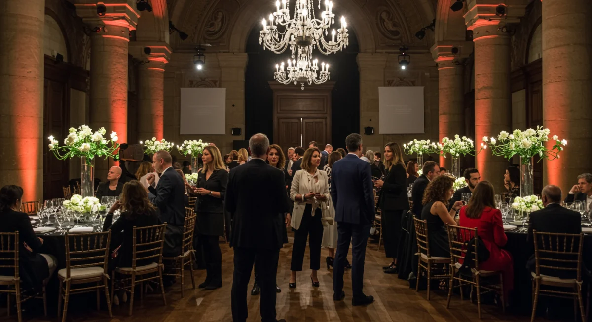 Gala de moda exclusiva en un entorno histórico español, con invitados elegantes y ambiente sofisticado.