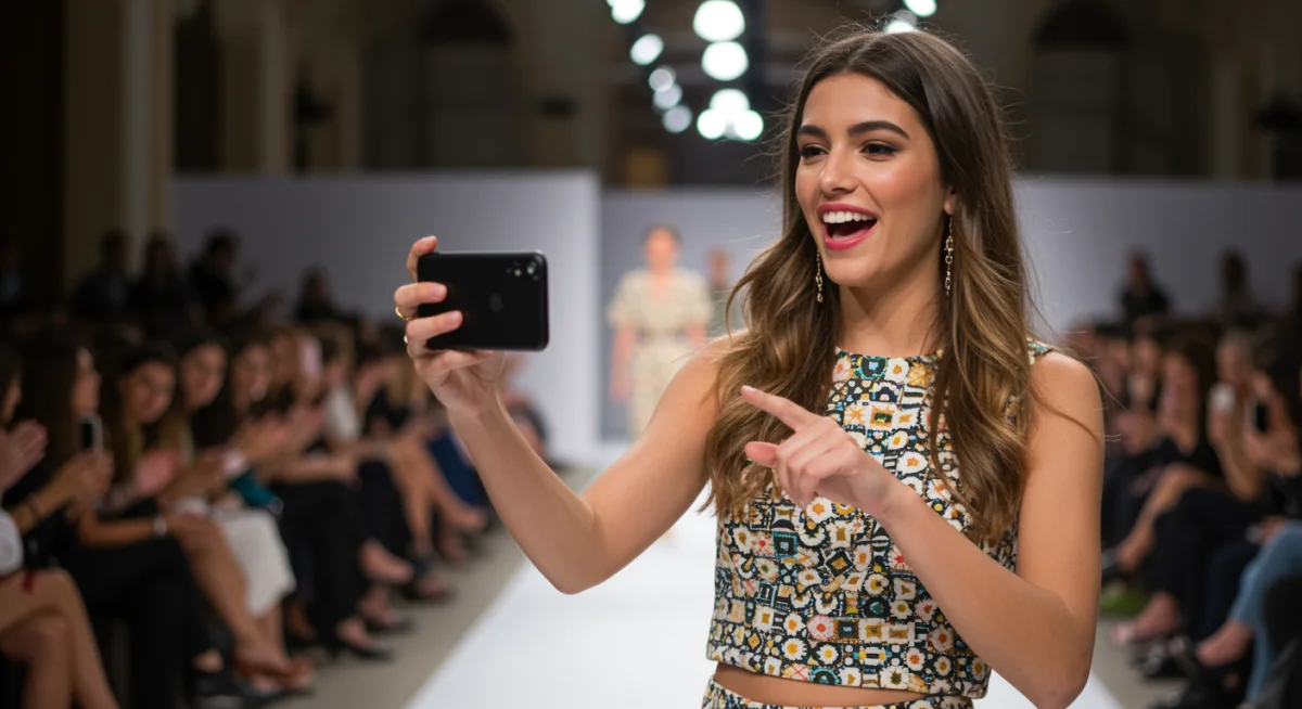 Influencer de moda transmitiendo en vivo desde un desfile en España para su audiencia joven.