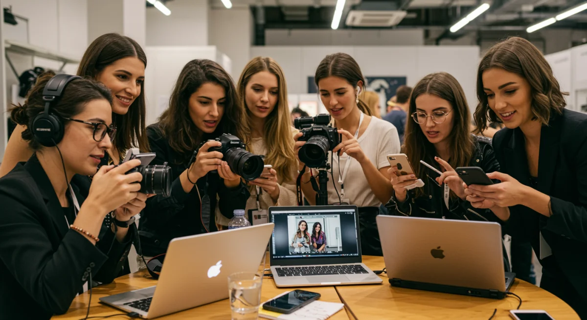 Influencers de moda y creadores de contenido colaborando en un evento, utilizando equipos profesionales para generar material digital.