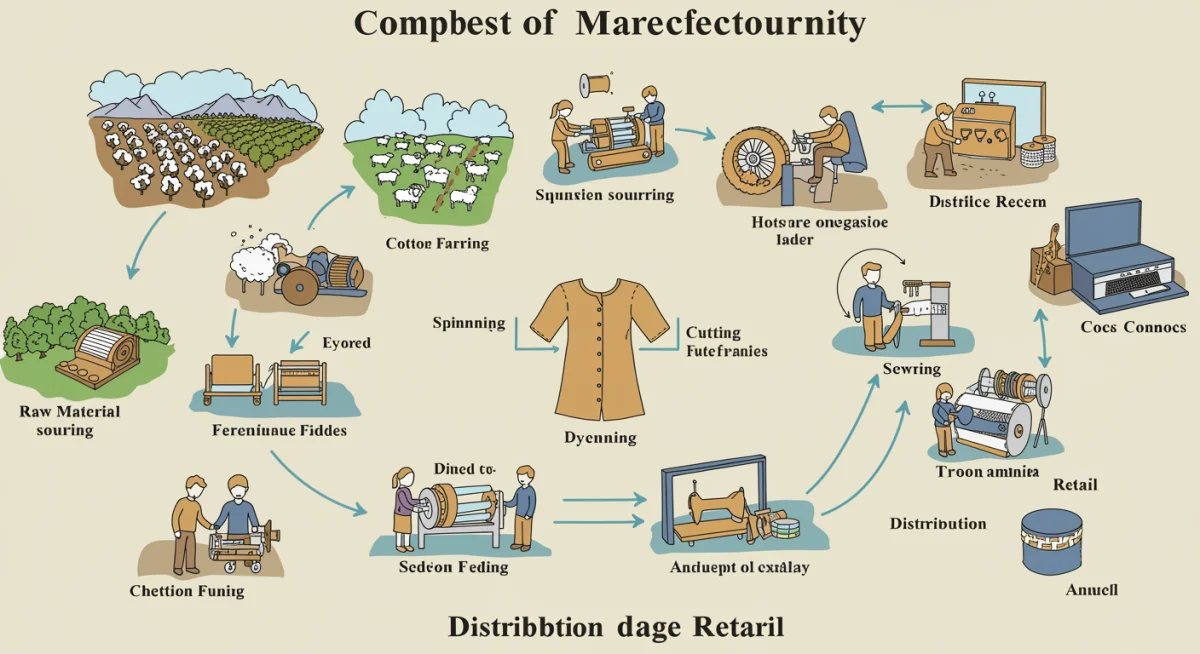 Infografía detallada de la cadena de suministro textil, mostrando origen de materiales y procesos de fabricación.