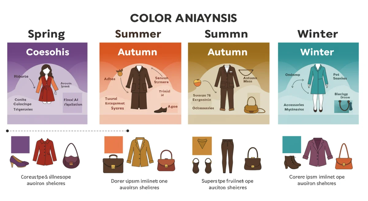 Infografía detallada sobre las estaciones de color, mostrando ejemplos de prendas y accesorios ideales para cada tipo de piel y cabello.