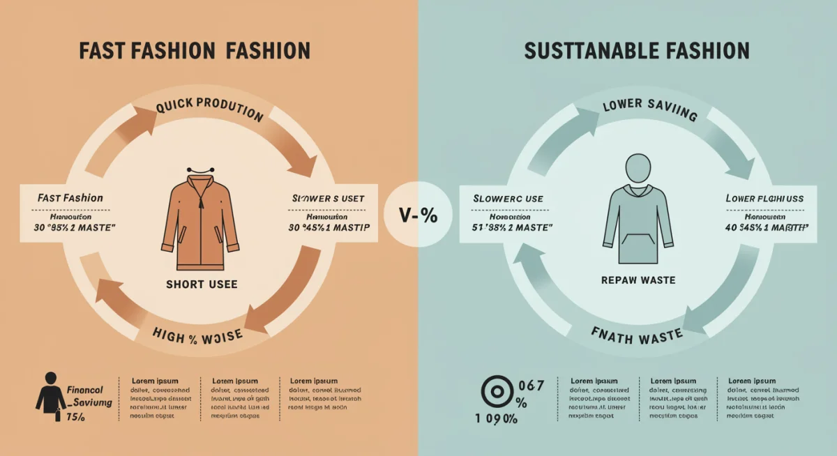Infografía comparando el ciclo de vida de la moda rápida vs. moda sostenible, destacando el ahorro económico.