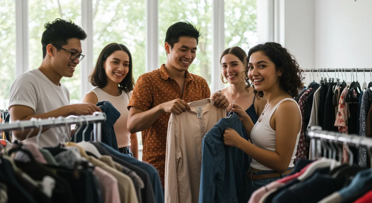 Grupo de jóvenes participando en un intercambio de ropa, promoviendo la economía circular y la moda consciente.