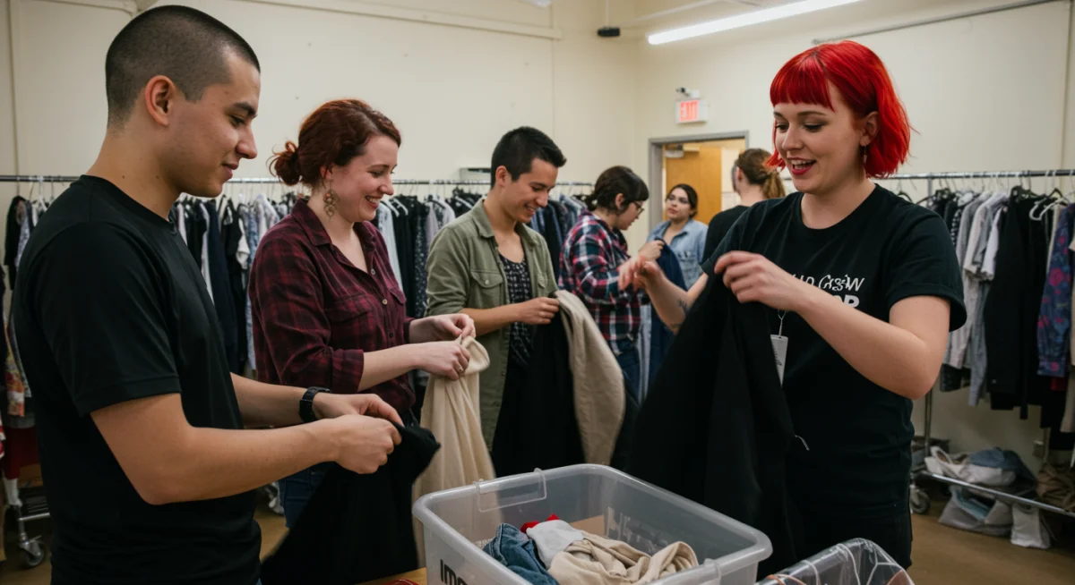 Personas participando en un intercambio de ropa, fomentando la moda circular y el consumo consciente.