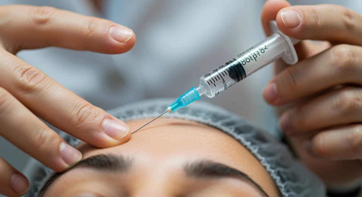 Detalle de una inyección de Botox en la frente, realizada por un profesional médico.