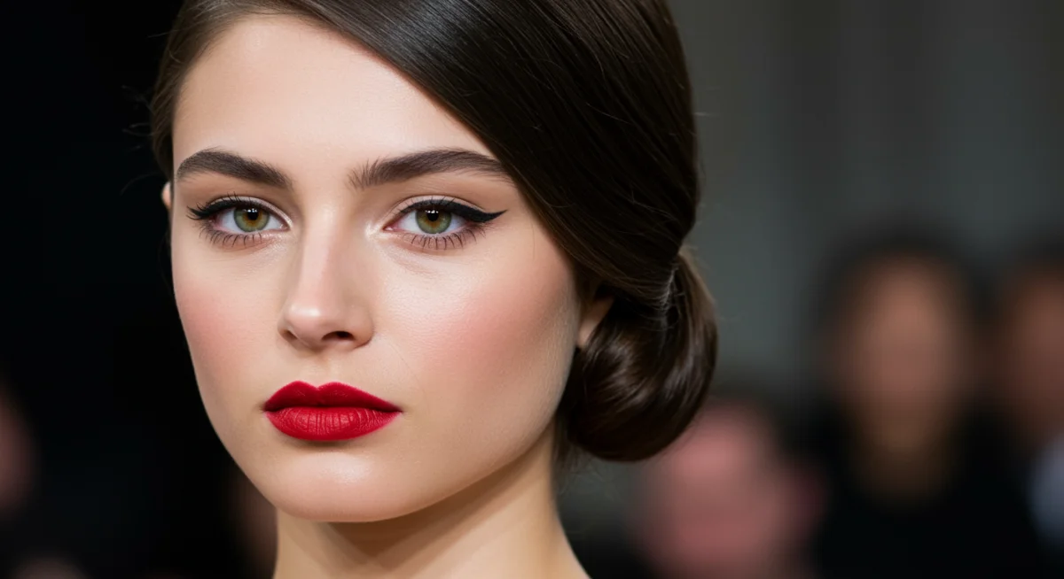 Labios rojos clásicos y moño bajo elegante, una combinación atemporal.