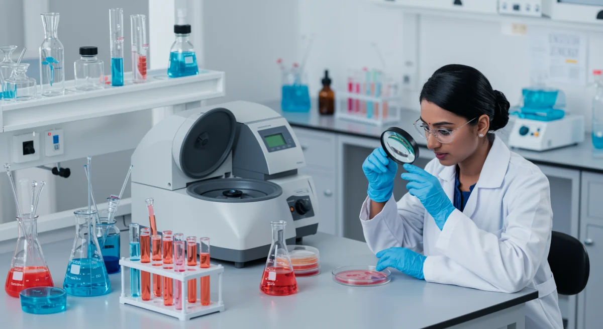 Laboratorio con equipos científicos, simbolizando la investigación y regulación de la seguridad cosmética.