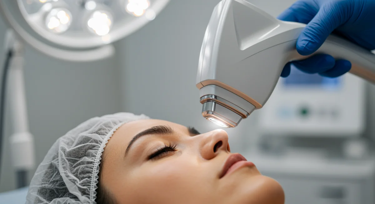 Detalle de un láser fraccionado aplicándose en el rostro de un paciente, simbolizando la precisión en el rejuvenecimiento facial.