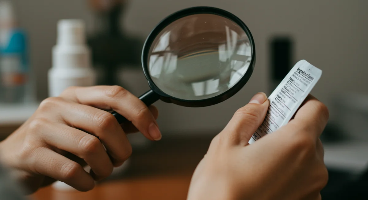 Persona leyendo detenidamente la lista de ingredientes de un producto cosmético con lupa.