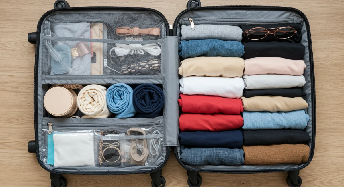Maleta abierta y organizada con ropa doblada y accesorios, mostrando un armario cápsula eficiente para viajar.