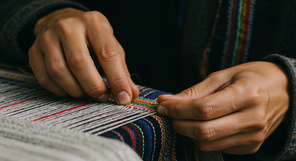 Manos de artesano español tejiendo con técnicas tradicionales, reflejando dedicación y habilidad.