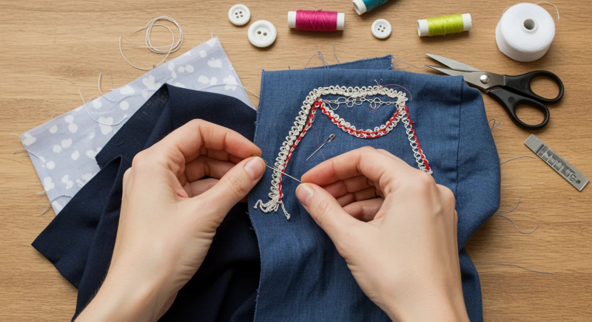 Manos trabajando en un proyecto de upcycling, cosiendo y transformando una prenda.