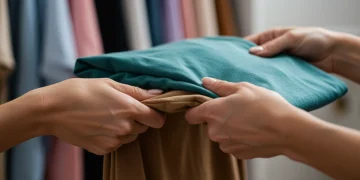 Alarga la vida útil de tu ropa: 6 trucos para prendas sostenibles Manos doblando una camiseta de algodón sostenible, mostrando la durabilidad del tejido.