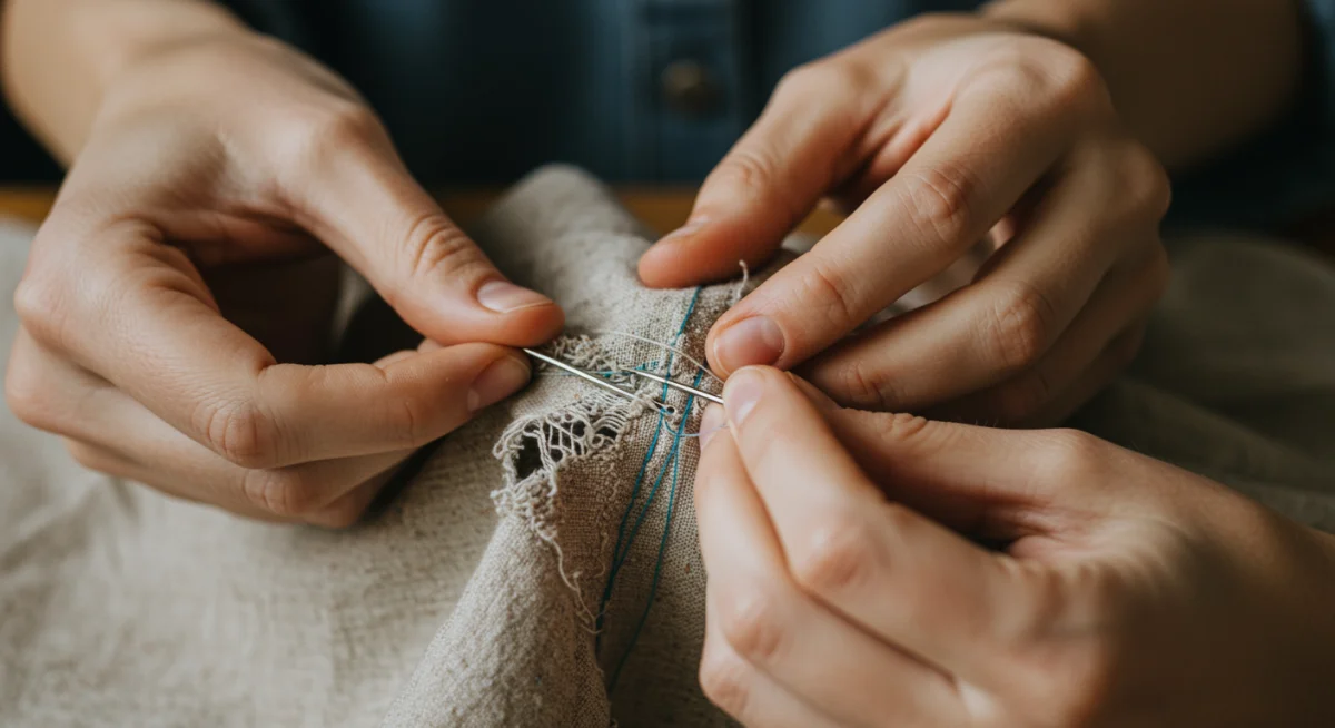 Manos cosiendo y reparando una prenda de vestir, simbolizando la durabilidad y el cuidado en la moda.