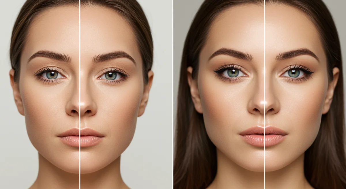 Comparativa de rostro con maquillaje incorrecto que envejece y maquillaje correcto que rejuvenece.