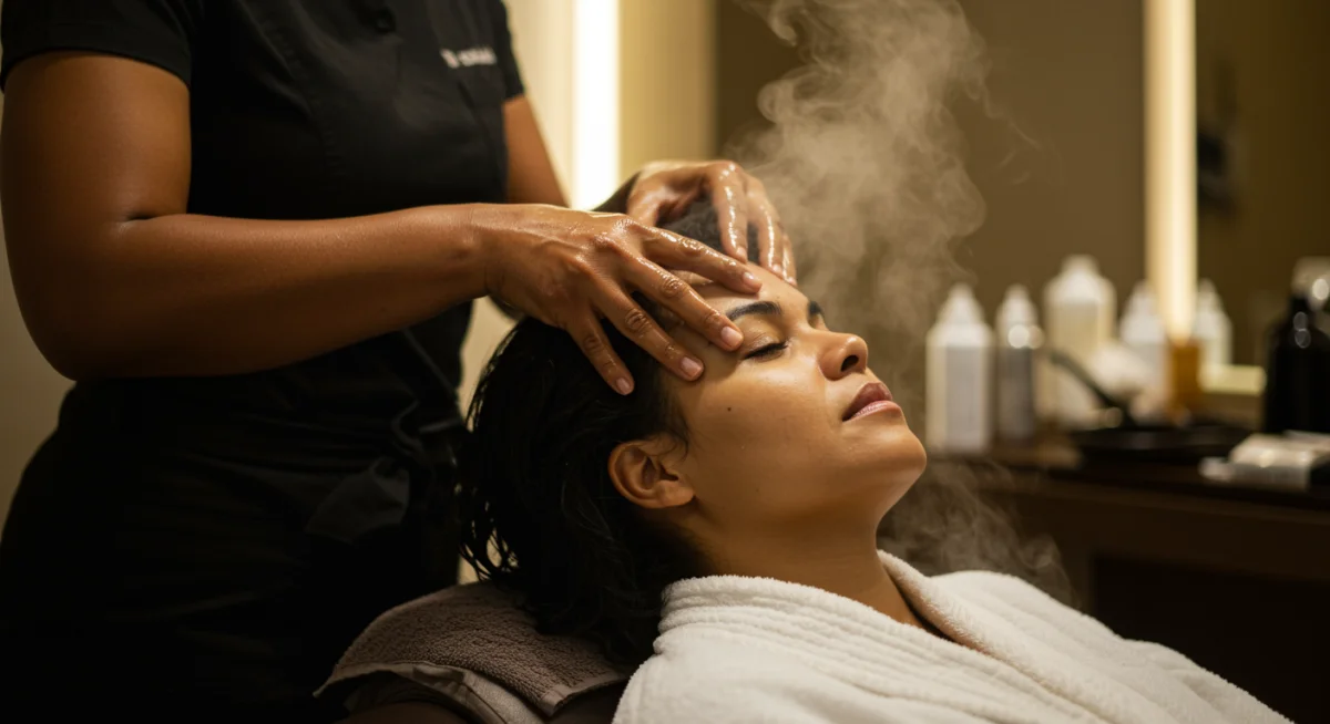 Persona recibiendo un masaje capilar con aceites esenciales, representando el cuidado personalizado y holístico.