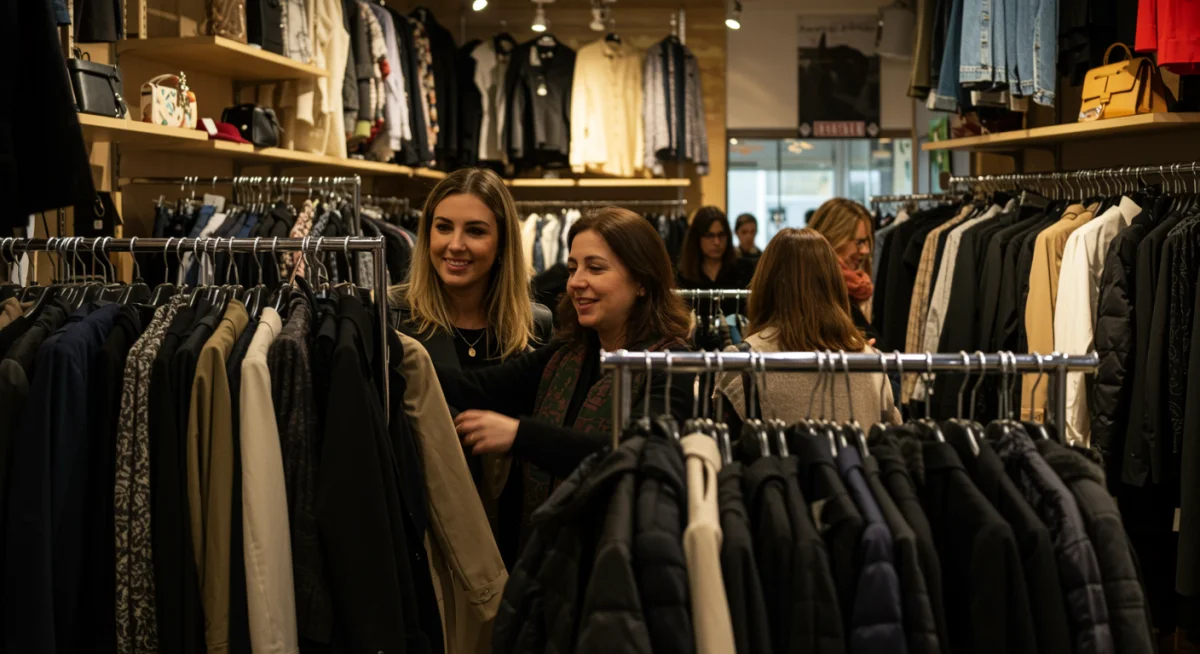 Mercado de ropa de segunda mano en España, con compradores explorando prendas.