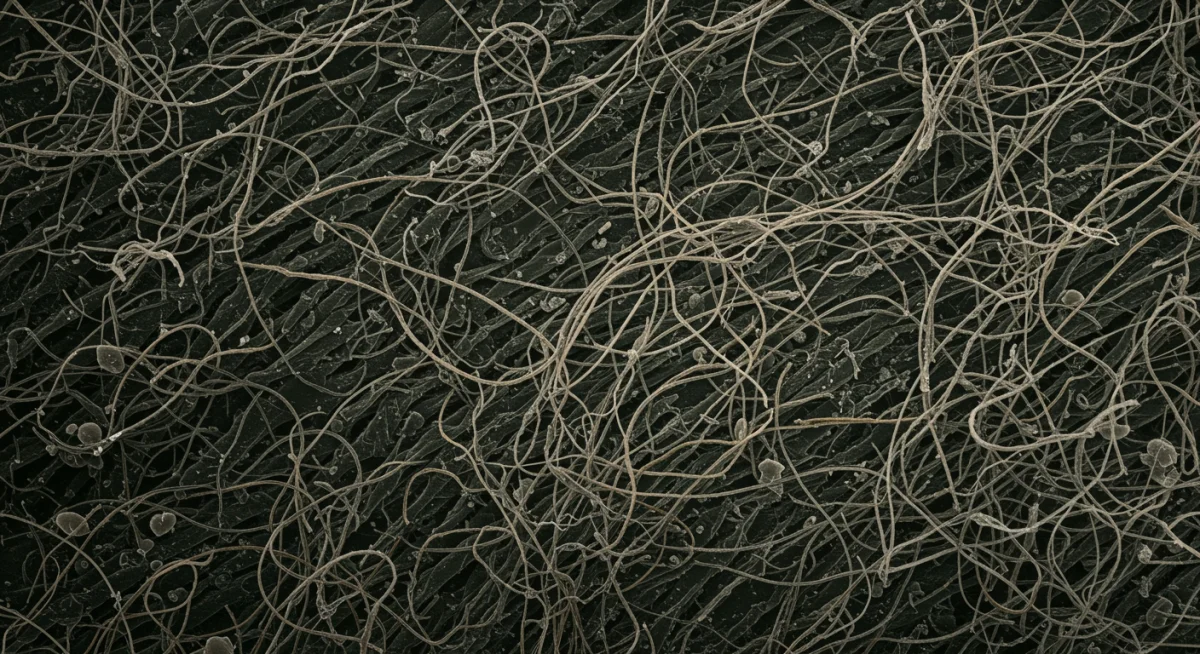 Microfibras de plástico enredadas en un tejido, mostrando la contaminación textil.