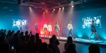 Modelos desfilando en un evento de moda digitalizado en España, con pantallas interactivas y asistentes usando tecnología móvil.