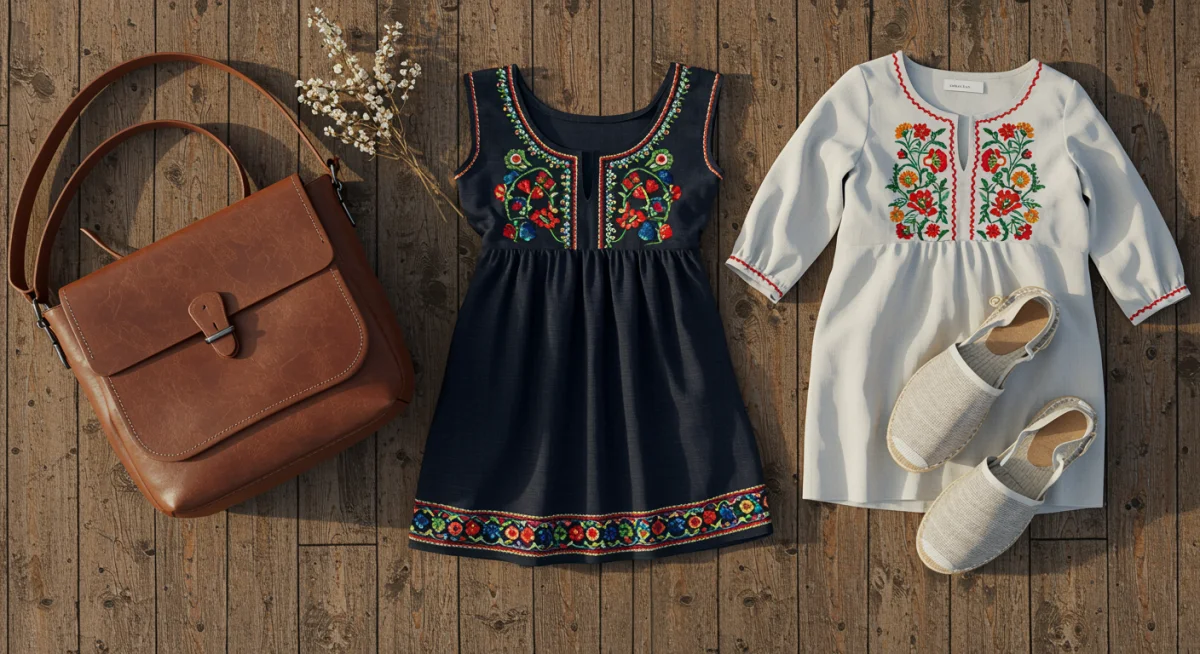 Conjunto de prendas y accesorios de moda española de comercio justo, destacando diversidad y ética.