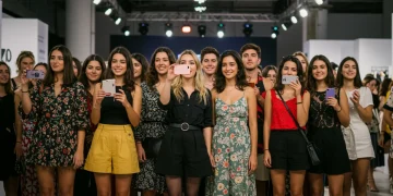 Jóvenes entusiastas en un evento de moda en España, interactuando con las últimas tendencias.