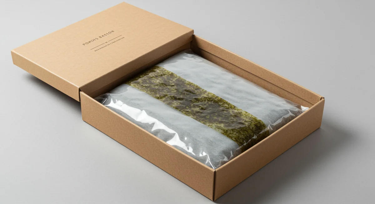 Prenda de moda envuelta en film biodegradable de algas dentro de una caja de cartón reciclado, un ejemplo de packaging innovador.