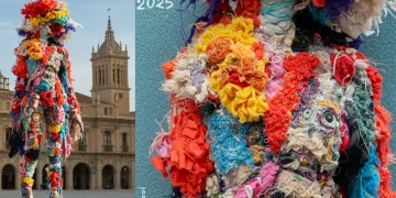 Diseño de moda futurista creado a partir de textiles reciclados, simbolizando la innovación en el reciclaje textil en España para 2025.