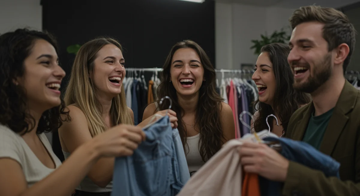 Amigos participando en un intercambio de ropa, fomentando la moda sostenible y el consumo consciente.