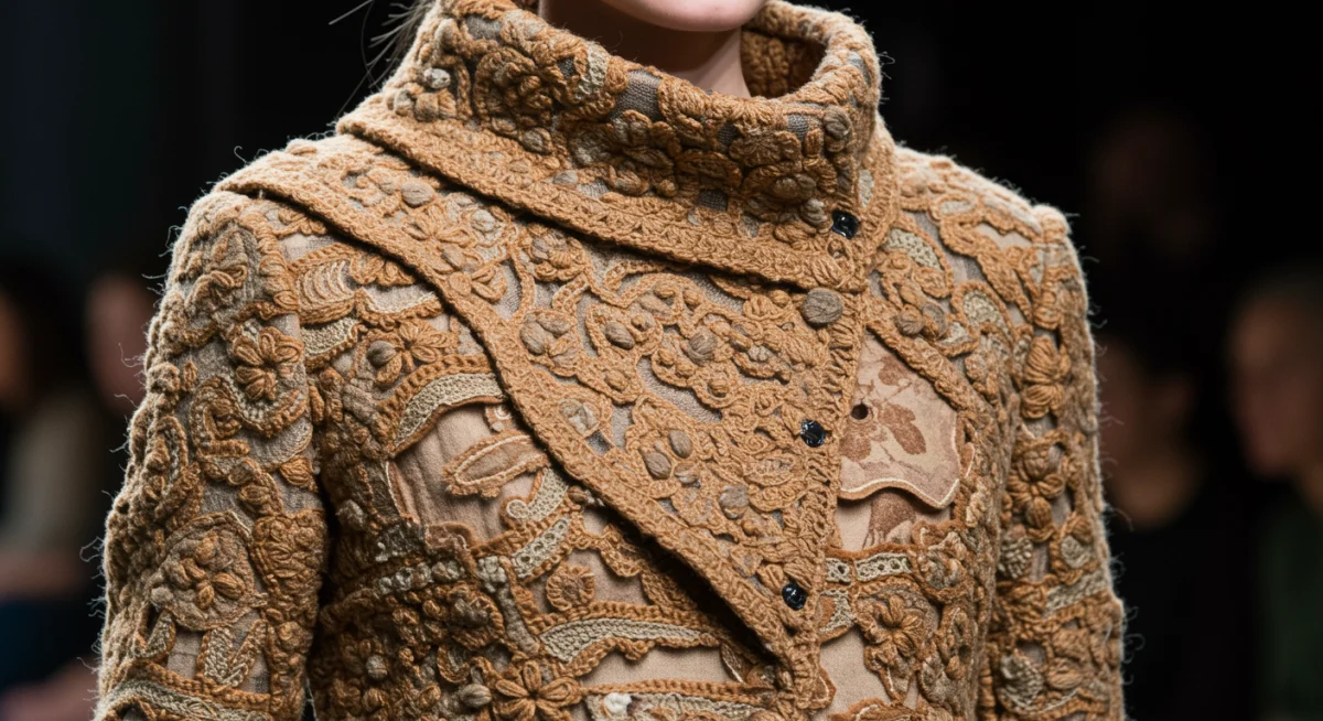 Modelo con prenda de moda sostenible hecha de materiales reciclados, destacando la creatividad ecológica.