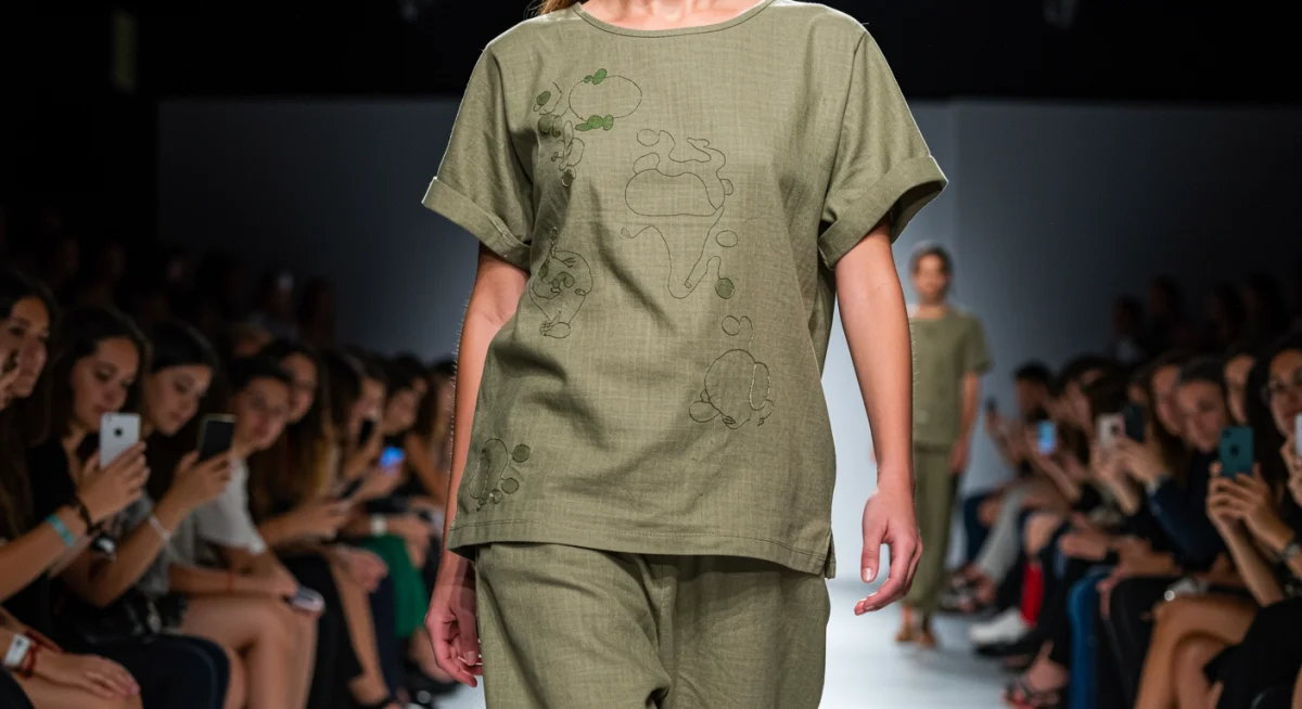 Modelo presentando moda sostenible en una pasarela española, destacando la importancia de la sostenibilidad en las nuevas tendencias de consumo.