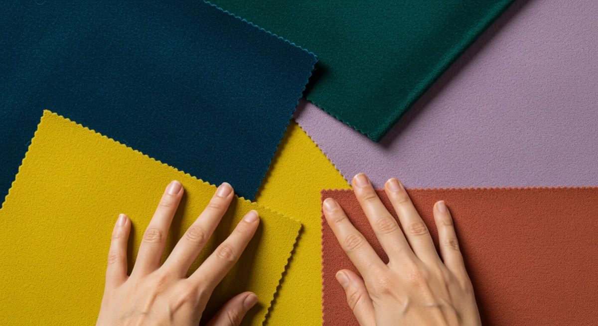 Muestras de tejidos en tonos azul profundo, verde esmeralda, amarillo radiante, lavanda suave y terracota, destacando texturas y combinaciones.