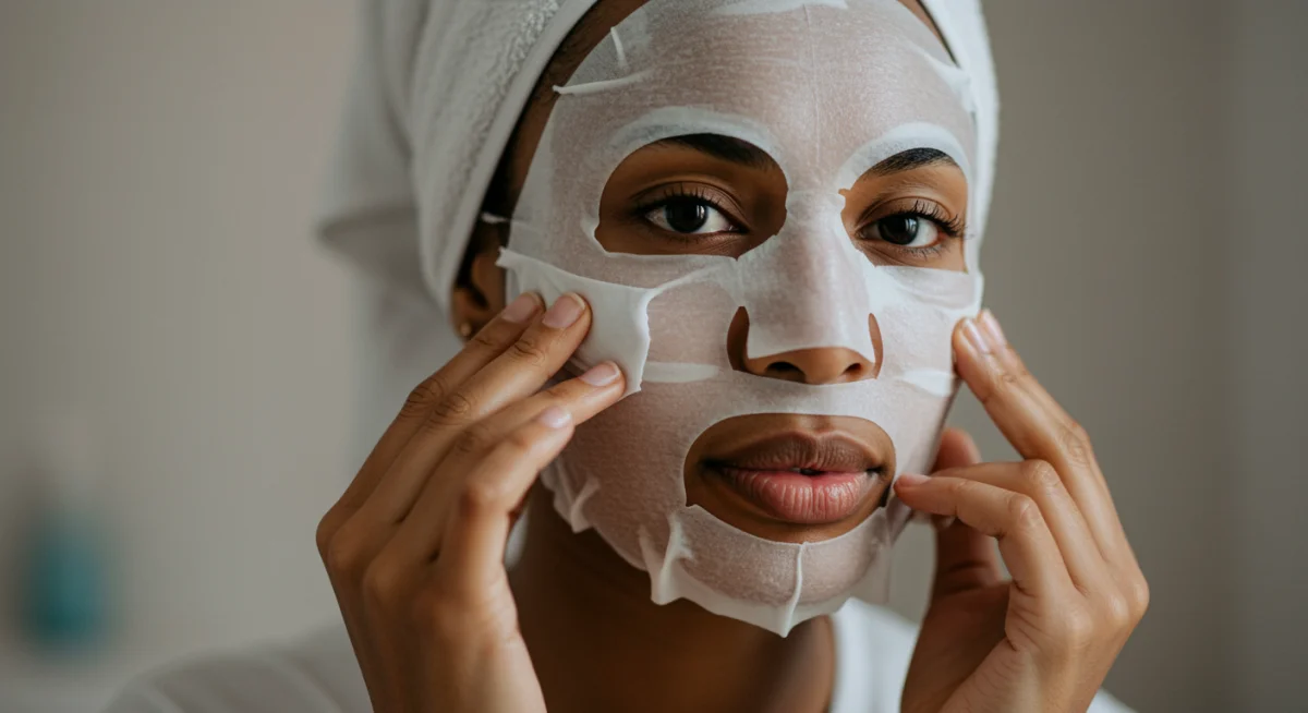 Primer plano de una mujer aplicando una mascarilla facial, mostrando una expresión de calma y cuidado personal.