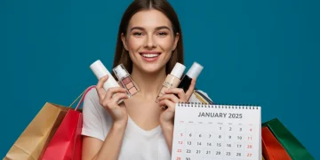 Ahorra 20% en Belleza: Estrategias Rebajas Enero 2025 Mujer sonriente con productos de belleza y bolsas de compra, simbolizando ahorros en rebajas de enero 2025.