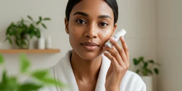 Belleza Inteligente: 5 Multiusos para Ahorrar 30% en 2025 Mujer aplicando un producto de belleza multiusos, mostrando una rutina simplificada y eficaz.