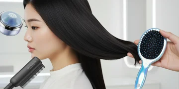 Tendencias capilares 2025: 4 tratamientos innovadores para cabello fuerte y brillante Mujer con cabello largo, fuerte y brillante, rodeada de innovadores productos y herramientas de cuidado capilar para 2025.