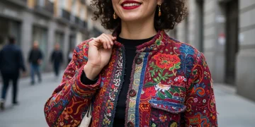 Mujer joven con chaqueta upcycled de diseño único en una calle de Madrid, representando la moda sostenible y las tendencias de 2025.