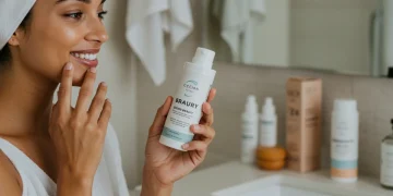 Clean Beauty 2025: Coste Real y Ahorro del 15% en España Mujer aplicando producto 'clean beauty' con envase sostenible en un baño luminoso.
