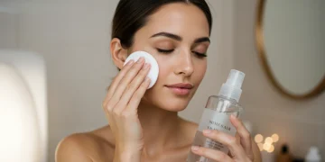 Mujer desmaquillándose con delicadeza, utilizando productos innovadores para el cuidado de la piel en 2025.