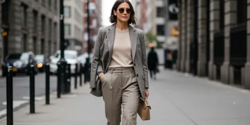 Mujer elegante con uniforme personal en 2025, caminando con confianza por la ciudad