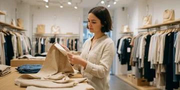 Mujer examinando la etiqueta de una prenda en una tienda de moda sostenible, buscando información sobre su origen y composición.